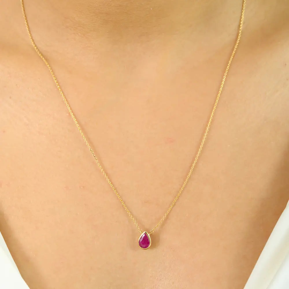 14K Solid Gold Genuine Pear Shape Ruby Single Stone Pendant Necklace Anniversary Gift