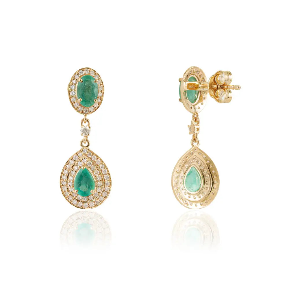 Anniversary Gift Emerald & Diamond Wedding Drop Earrings 14K Yellow Gold Fine Jewelry