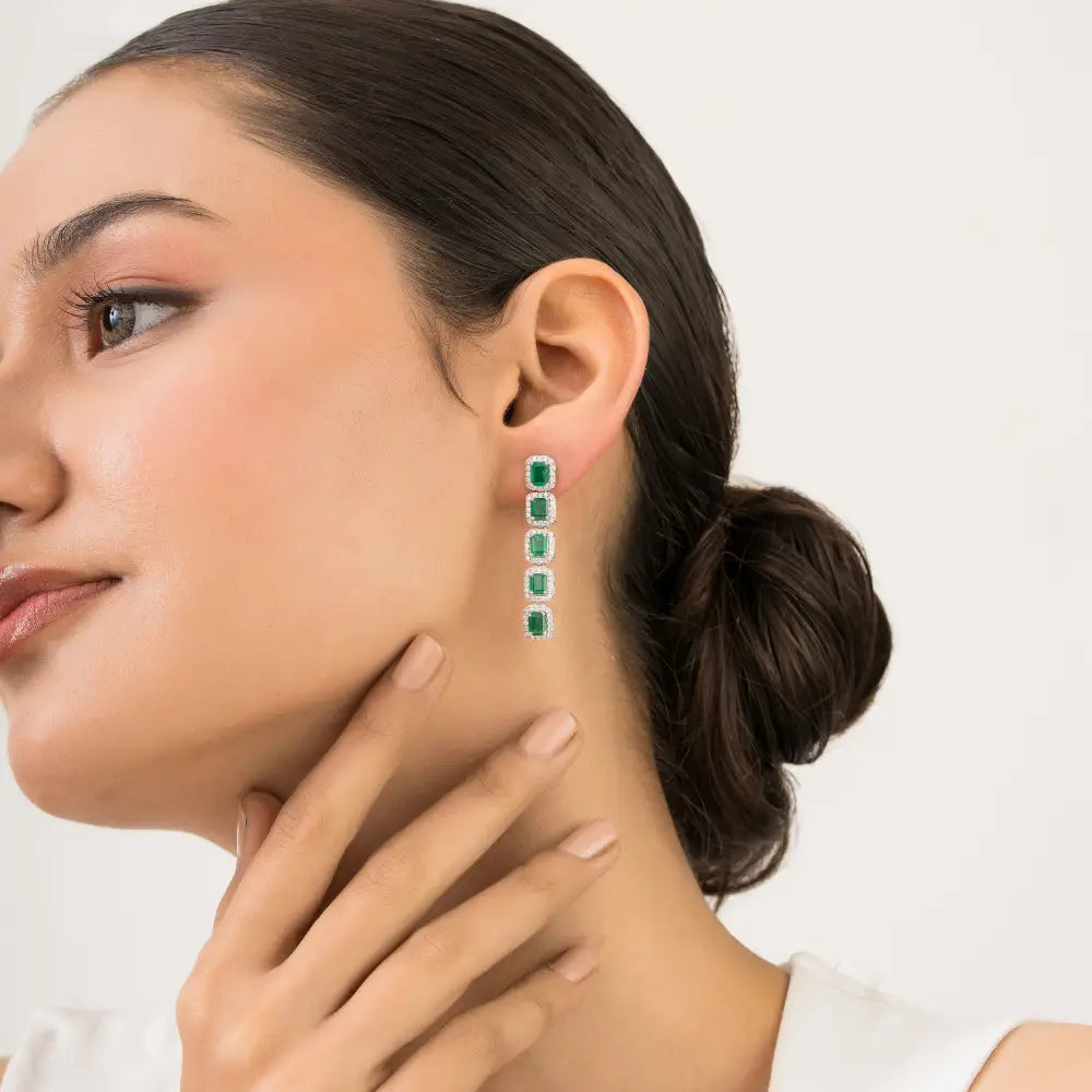 5x4 mm Emerald & Diamond Halo Statement Dangle Earrings 14K Pure White Gold Jewelry