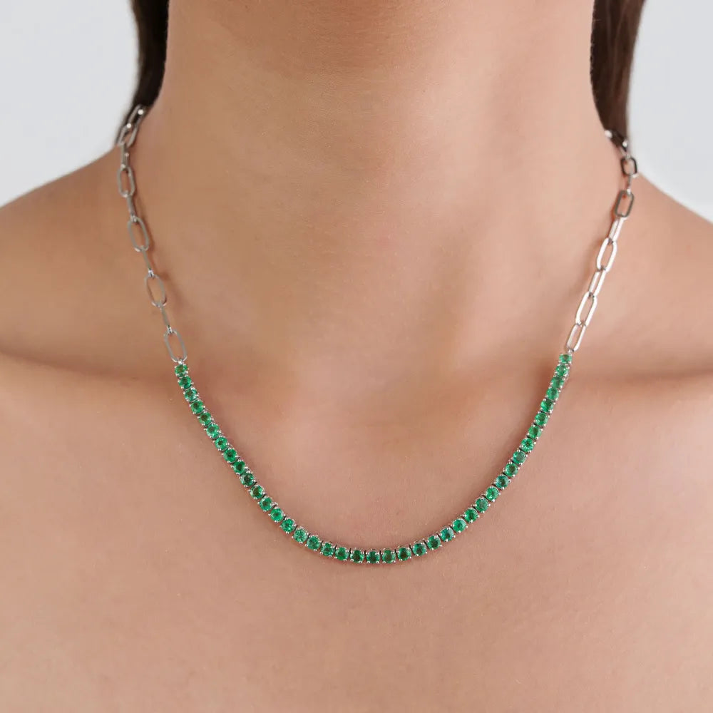 Zambian Emerald Round Cut Gemstone Half Paperclip Chain Tennis Necklace Stack Jewelry 14K White Gold