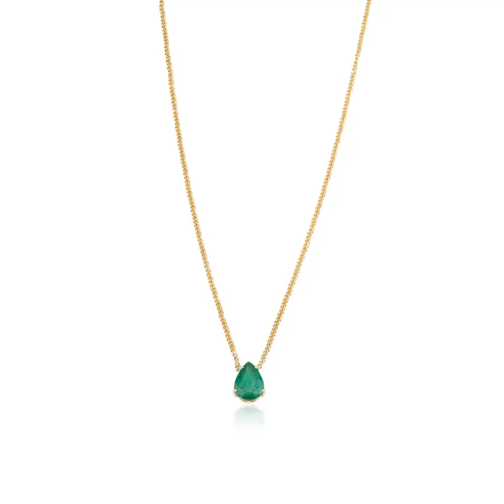 K14 Solid Yellow Gold Pear Shape Emerald Single Stone Curb Link Chain Pendant Necklace