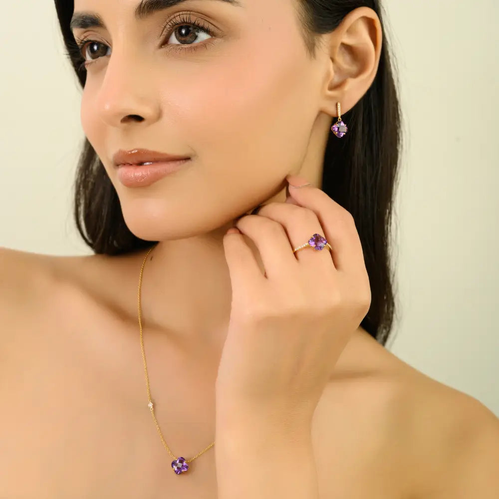Clover Shape Amethyst & Round Cut Diamond Minimal Stacking Pendant Necklace K14 Gold