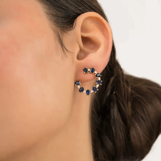 100% Natural Blue Sapphire & Diamond 14K Pure Yellow Gold Open Hoop Push Back Earrings