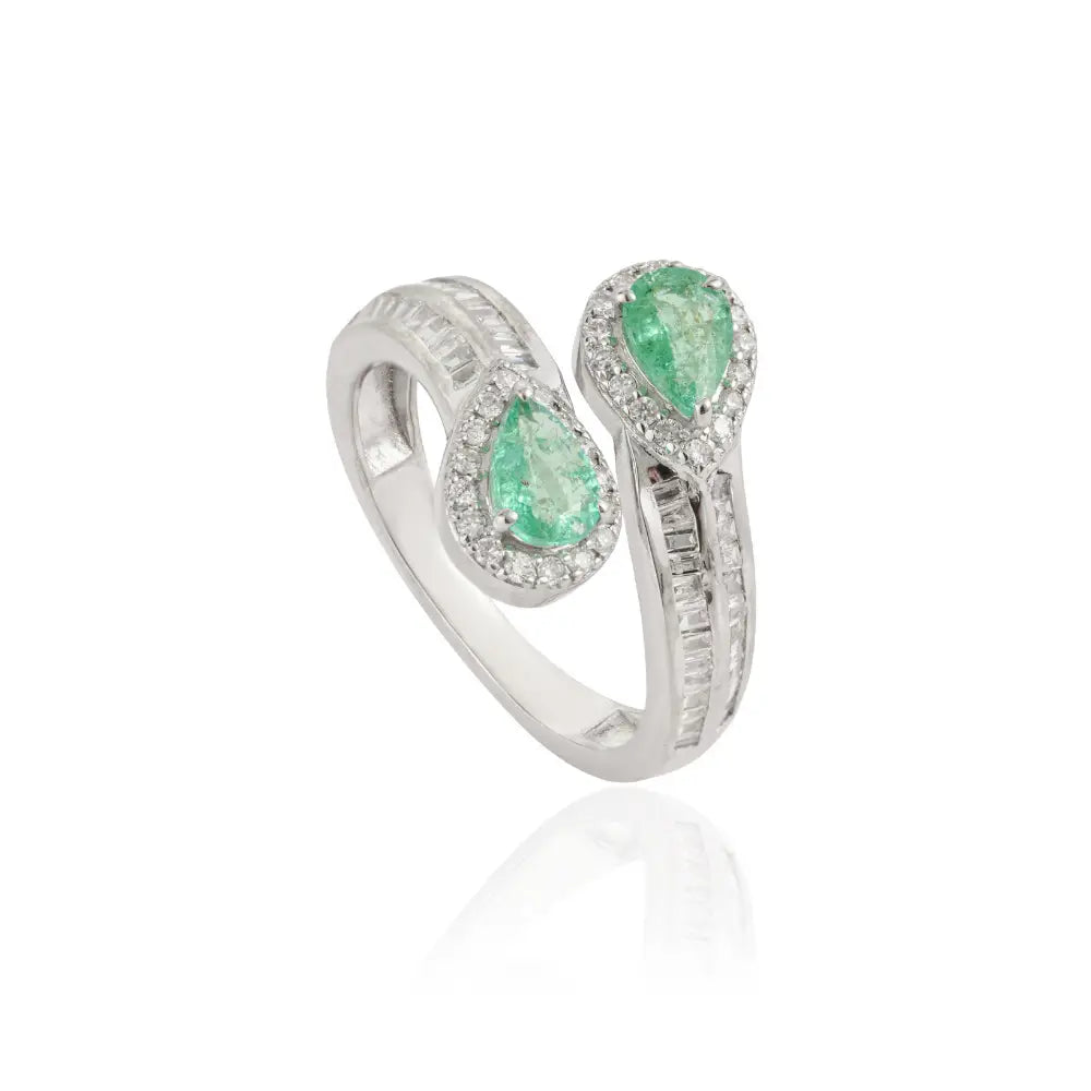 Authentic Emerald & Diamond Statement Bypass Ring Pure 14K White Gold Handmade Jewelry