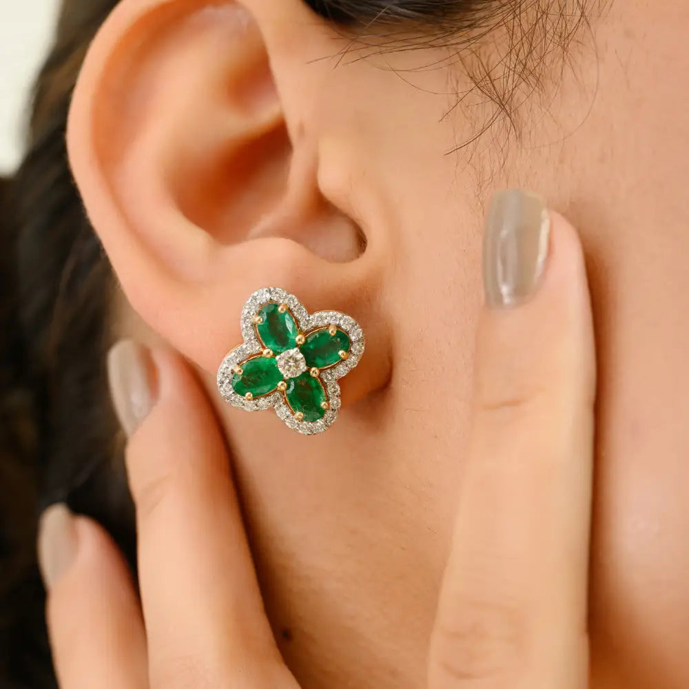 Emerald & Diamond Clover Shape Big Stud Earrings May Birthstone K18 Real Yellow Gold Jewelry