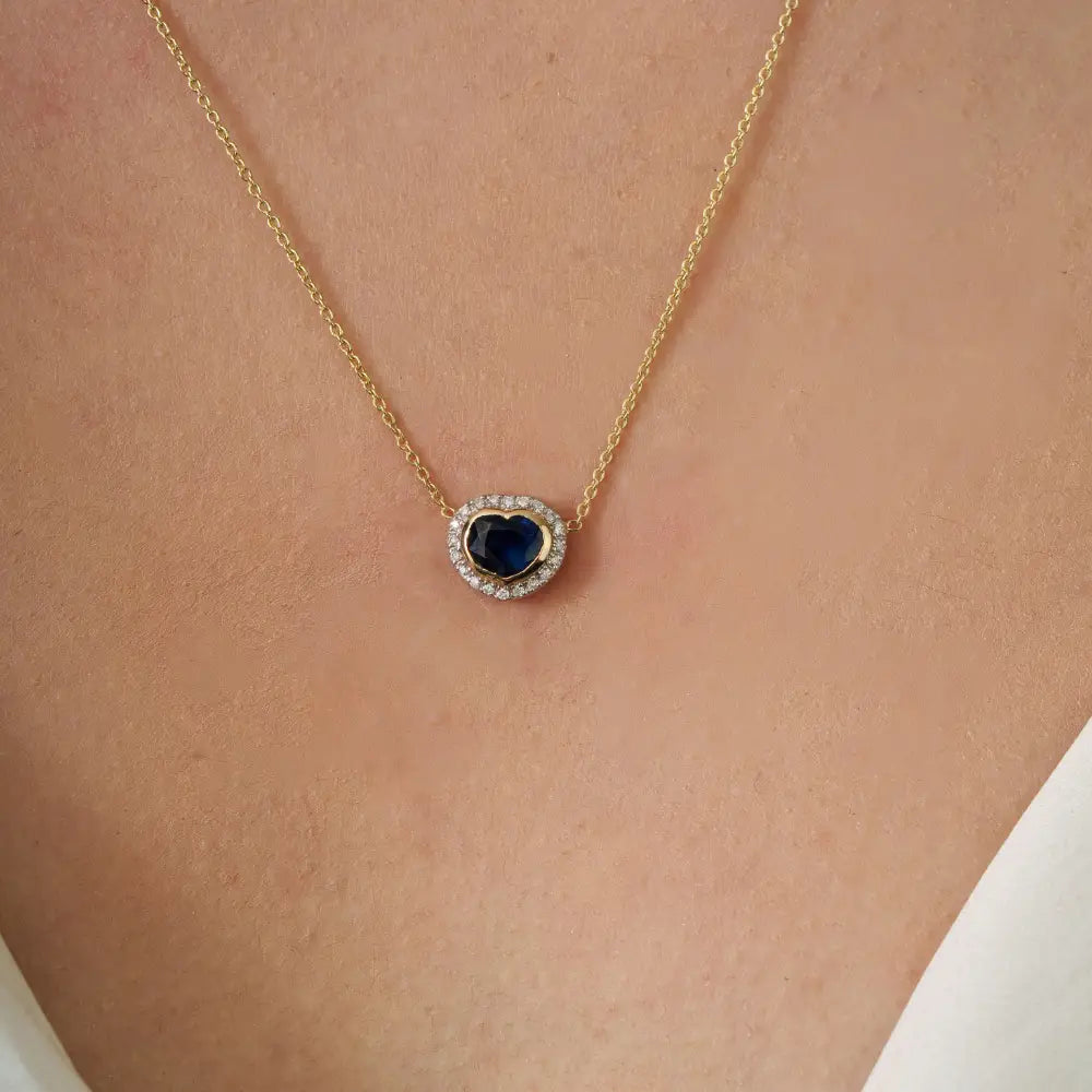 14K Yellow Gold Heart Shape Blue Sapphire & Diamond Halo Pendant Necklace Gift For Her