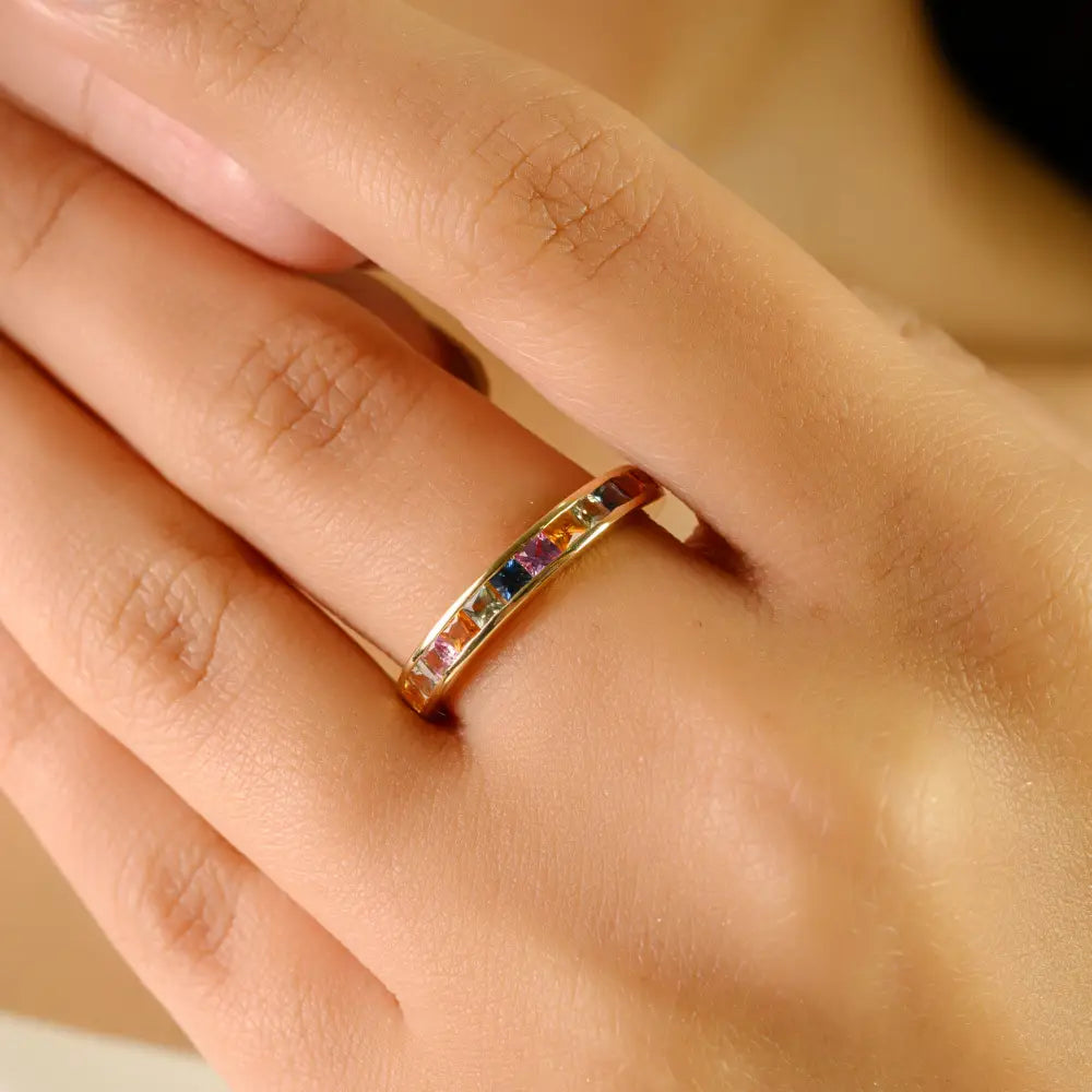 14K Solid Yellow Gold Rainbow Multi Sapphire New Arrivals Half Eternity Band Ring Simple Jewelry