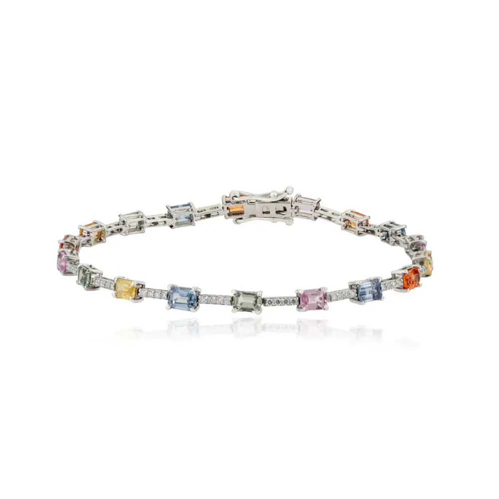 Octagon Shape Multi Sapphire & Round Cut Diamond K14 White Gold Sleek Tennis Bracelet