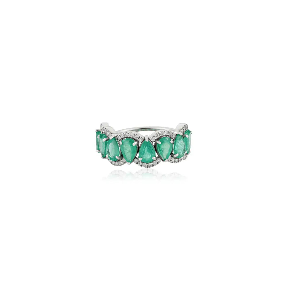 Zambian Emerald & Diamond 14K Real White Gold Wave Shape Half Eternity Band Ring