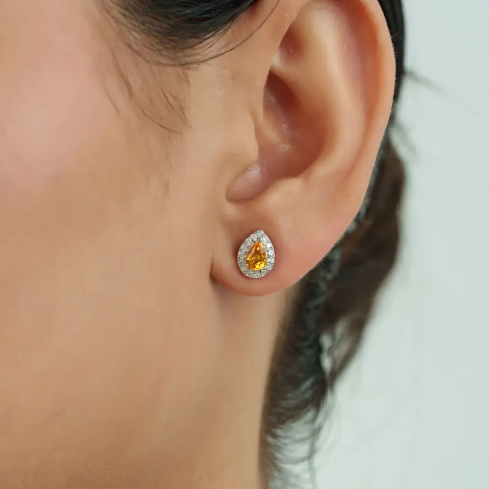 Solid K14 White Gold Yellow Sapphire & Diamond Fine Halo Stud Earrings Handmade Jewelry