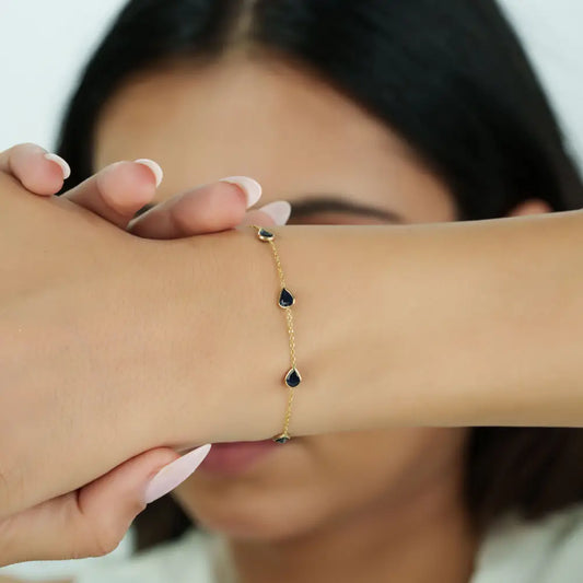 Delicate Simple Design Blue Sapphire Minimal Stacking Station Chain Bracelet 14K Yellow Gold