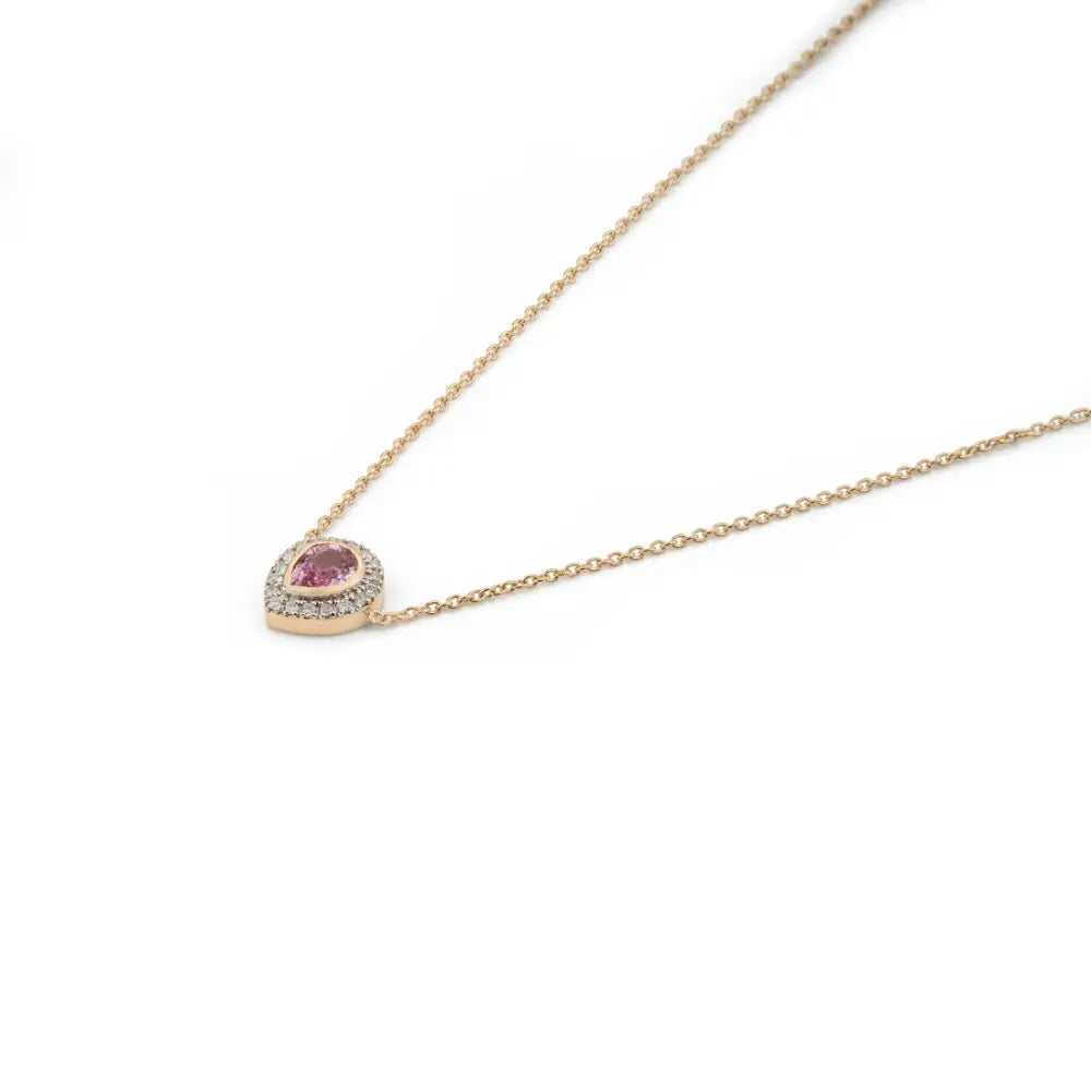 Bezel Set Pink Sapphire & Diamond K18 Real Yellow Gold Solitaire Halo Pendant Necklace