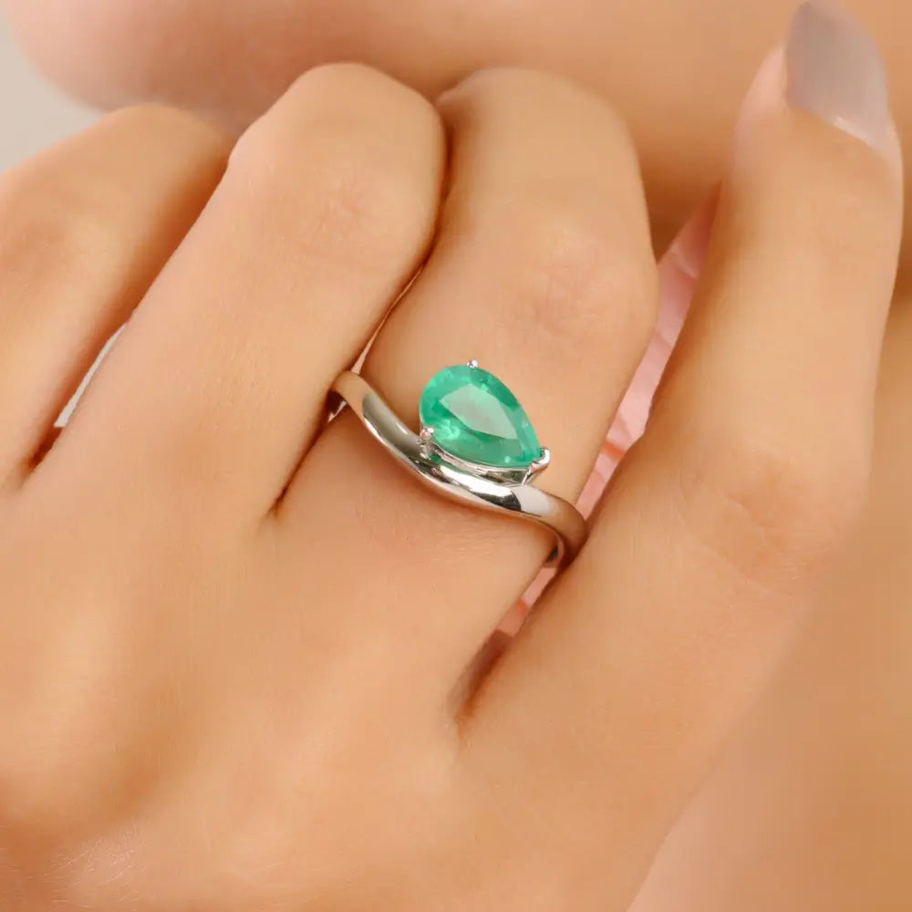 9x6 mm Pear Shape Zambian Emerald Fine Statement Wavy Band Ring 14K Solid White Gold