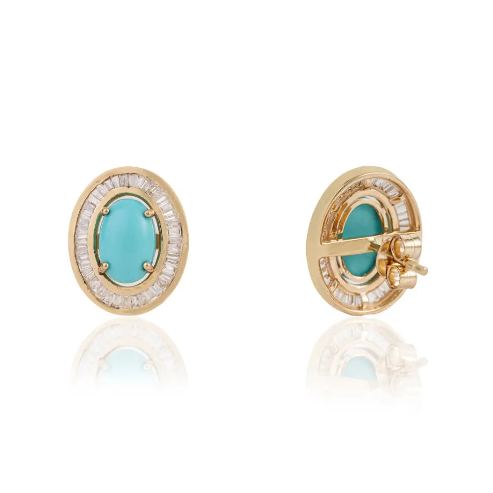 Best Seller 14K Real Yellow Gold Turquoise & Diamond Halo Stud Earrings Fine Bulk Jewelry