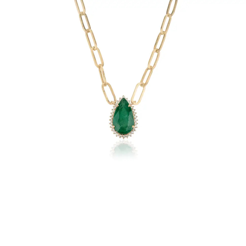 May Birthstone Emerald & Diamond Solitaire Cluster Pendant Necklace Fine K14 Real Yellow Gold