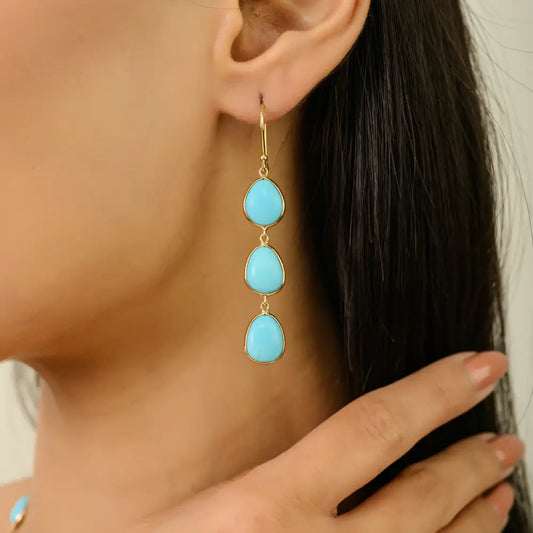 Elegant Simple Turquoise Gemstone Dangle Earrings Women K14 Yellow Gold Bulk Jewelry