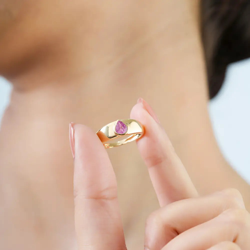 Pear Shape Pink Sapphire Real K14 Yellow Gold Chunky Dome Ring Bulk Jewelry Supplier