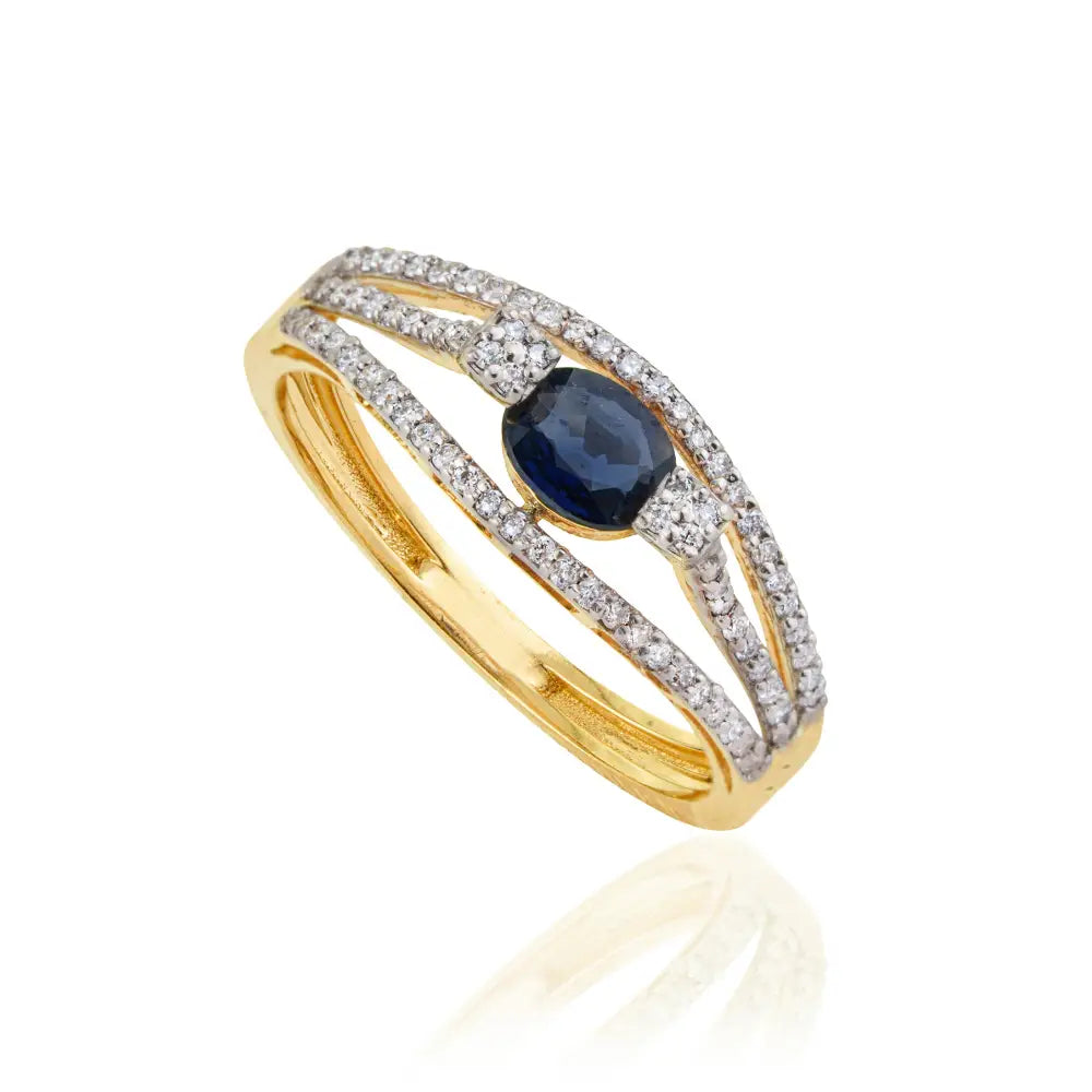 Best Quality 14K Yellow Gold Blue Sapphire & Diamond Triple Layer Statement Ring Fine Jewelry