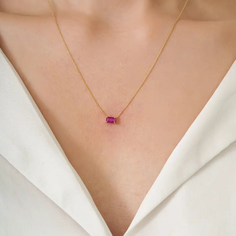 Genuine Ruby East West Solitaire Gemstone Pendant Necklace 18K Yellow Gold Hot Sale Jewelry