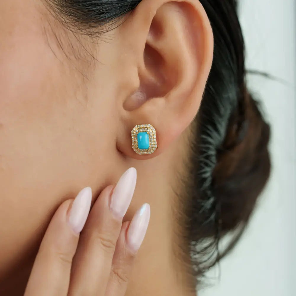 14K Yellow Gold Turquoise & Diamond Double Cluster Stud Earrings For Women Fine Jewelry