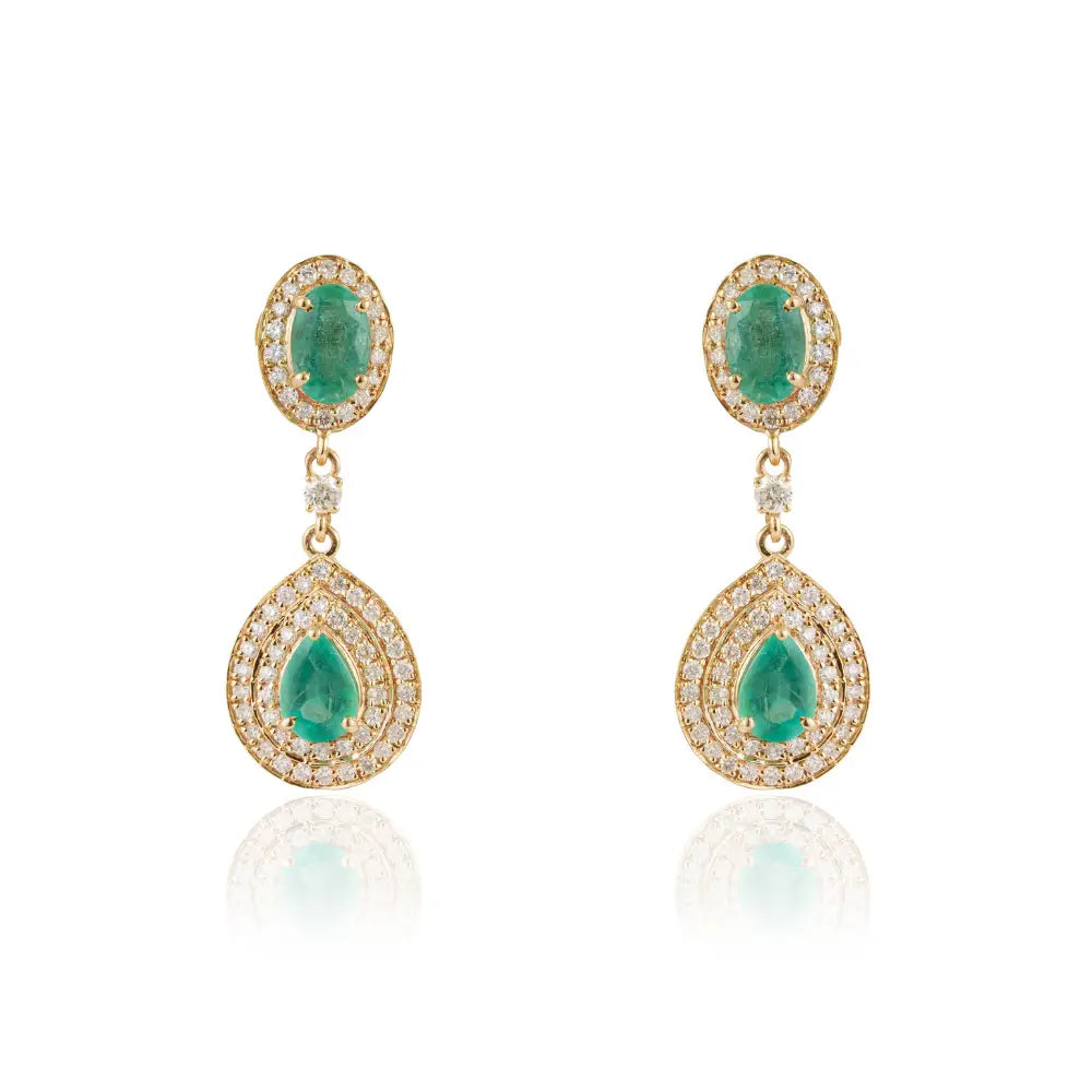 Anniversary Gift Emerald & Diamond Wedding Drop Earrings 14K Yellow Gold Fine Jewelry