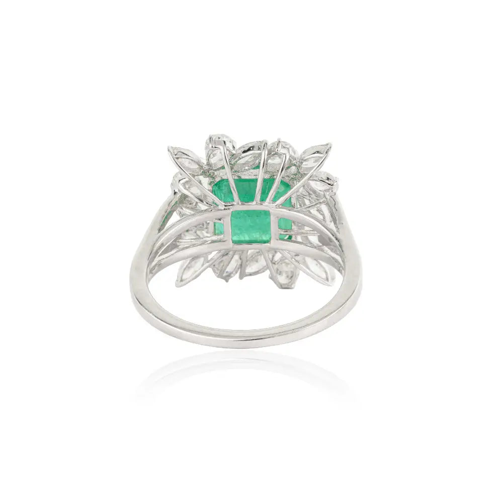 Unique Design Square Cut Emerald & Diamond Cocktail Ring Real K18 White Gold Luxury Jewelry