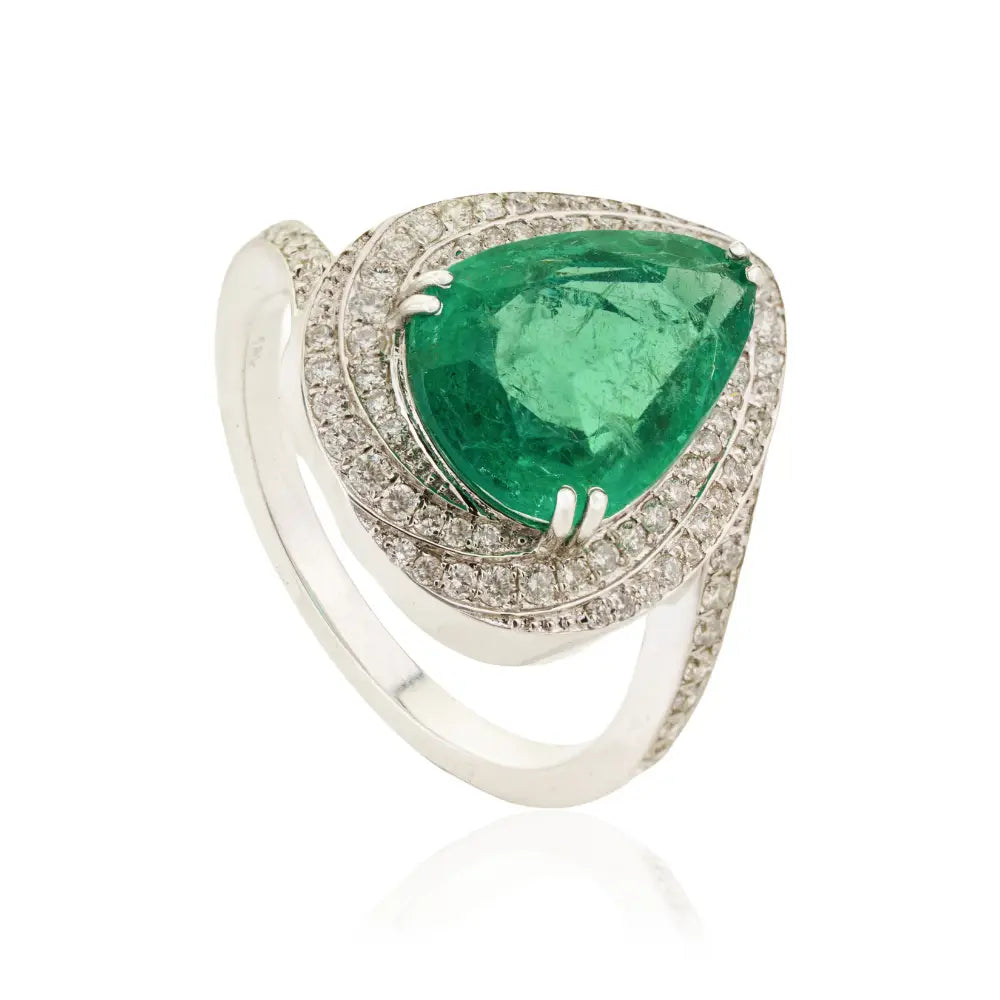 Double Prong Set Emerald & Diamond Cluster Cocktail Ring Wedding 18K White Gold Jewelry