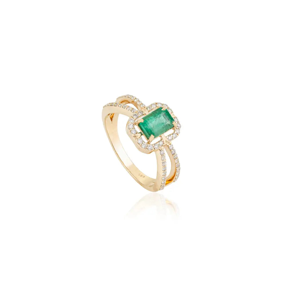 Customized Emerald & Diamond 14K Real Yellow Gold Split Shank Wedding Ring Latest Jewelry