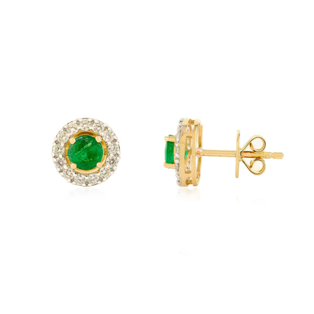 High Quality Emerald & Diamond 18K Yellow Gold Round Shape Halo Stud Earrings Fine Jewelry