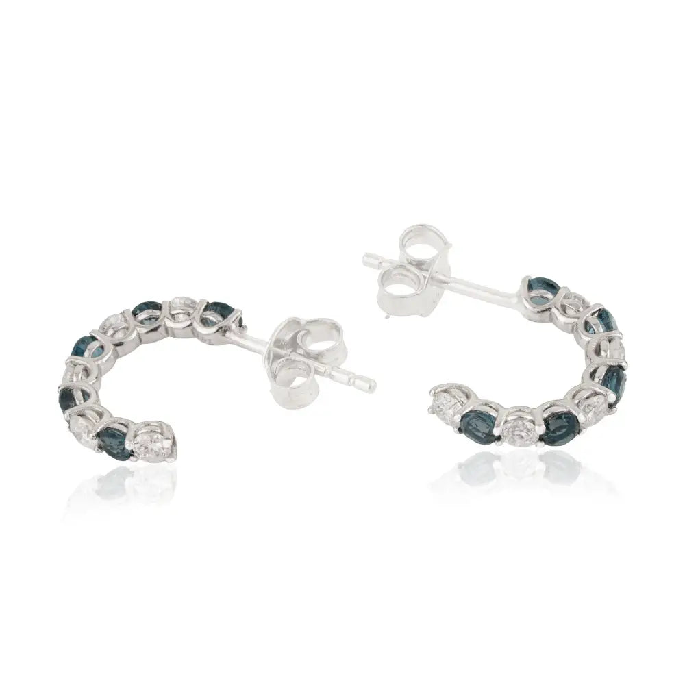 K14 Real White Gold Blue Sapphire & Diamond Small Hoop Earrings Everyday Wear Women Jewelry