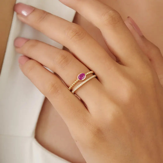 Genuine Ruby & Diamond K14 Real Yellow Gold Double Band Ring Wedding Women Jewelry