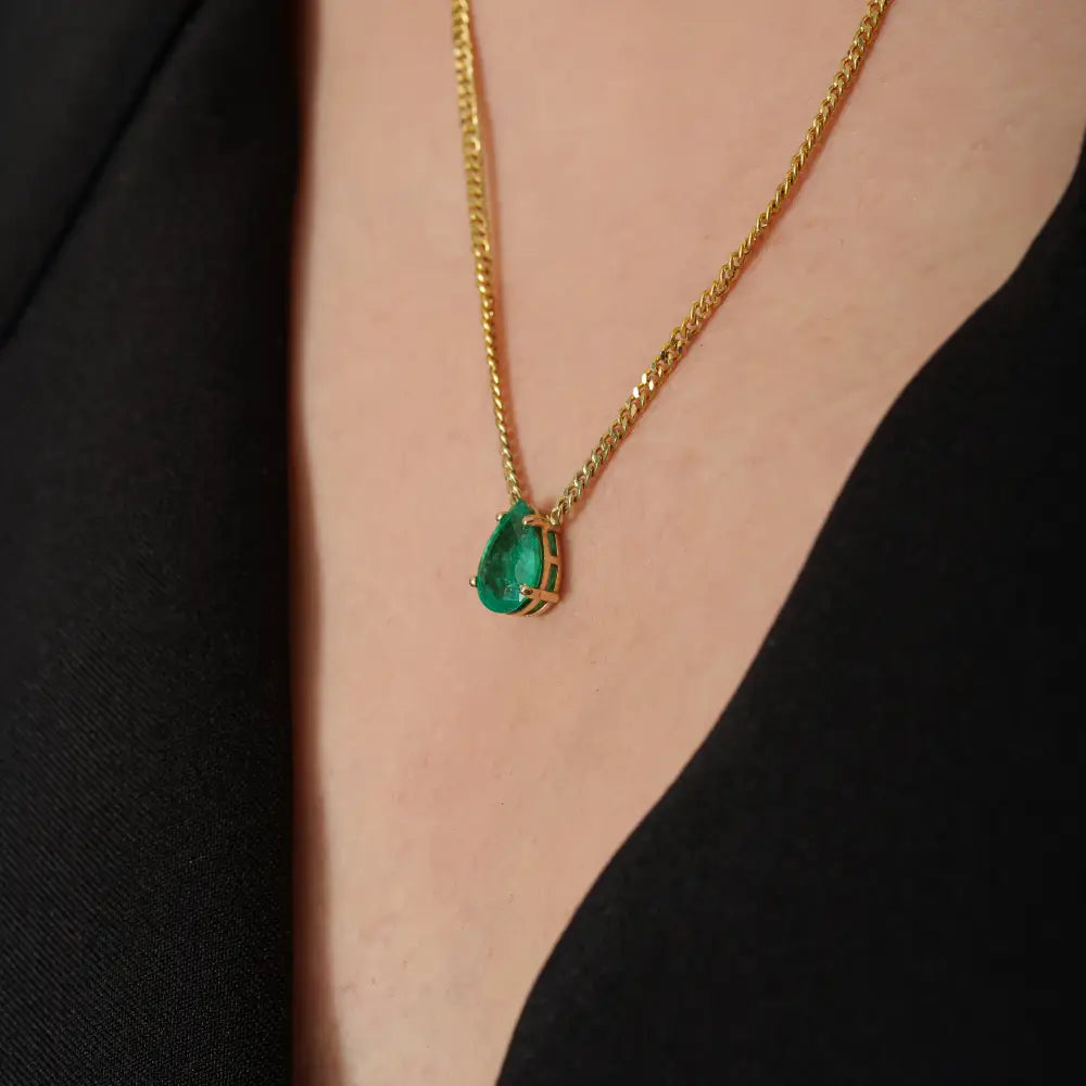 Handmade Natural Emerald Miami Cuban Chain Single Stone Pendant Necklace K14 Yellow Gold