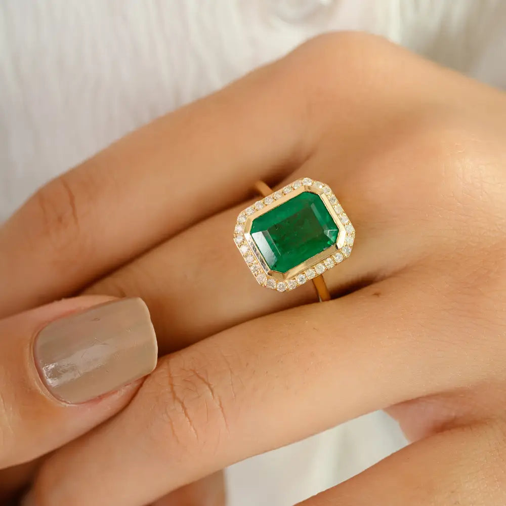 Octagon Cut Emerald & Diamond Halo Statement Ring Real K14 Yellow Gold Precious Jewelry