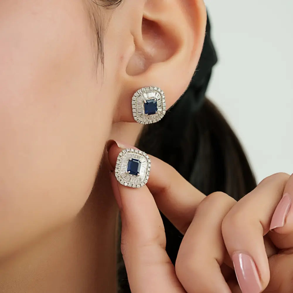 Gorgeous Blue Sapphire & Diamond Double Cluster Stud Earrings 14K Solid White Gold Jewelry