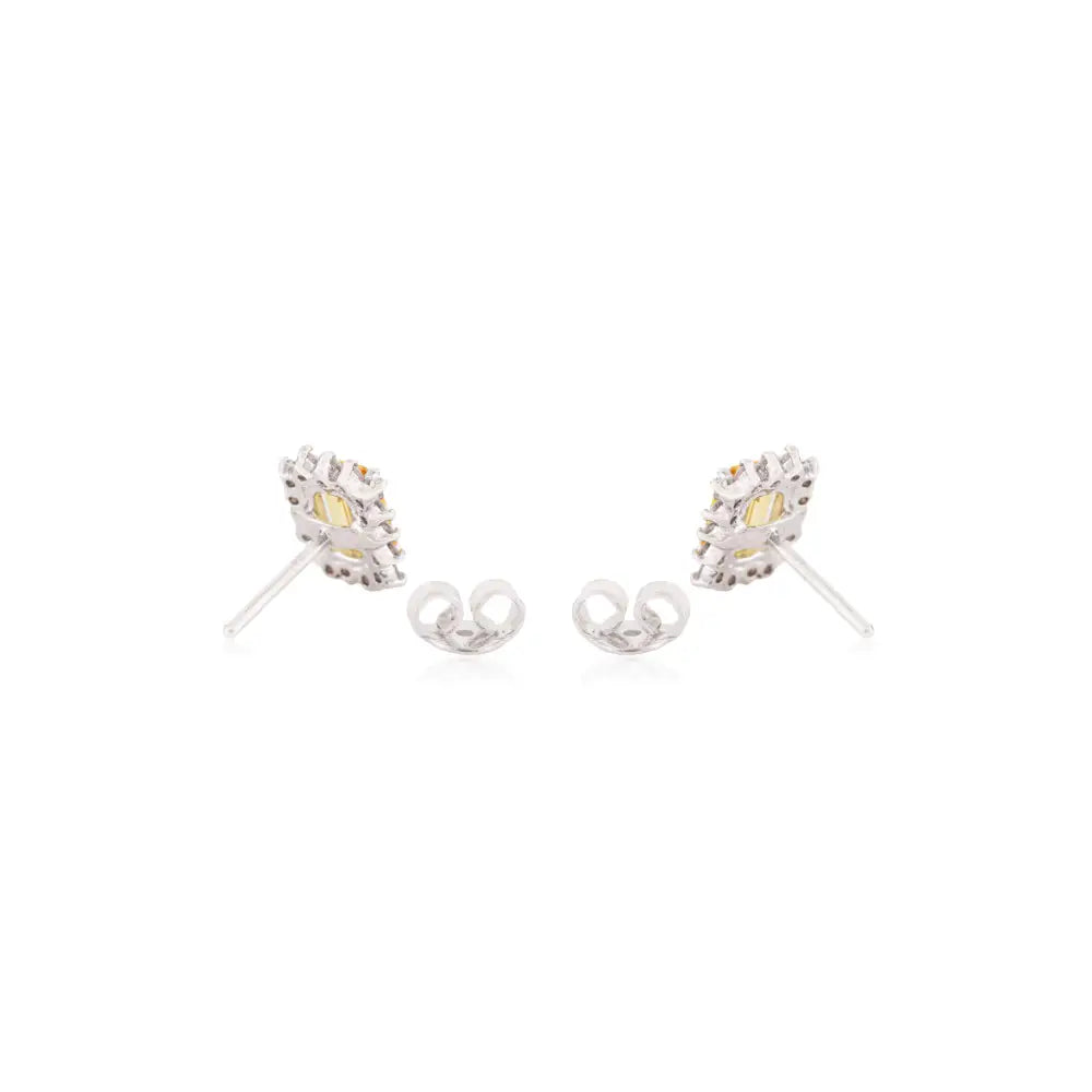 Yellow Sapphire & Diamond Push Back Cluster Stud Earrings 14K Real White Gold Women Jewelry