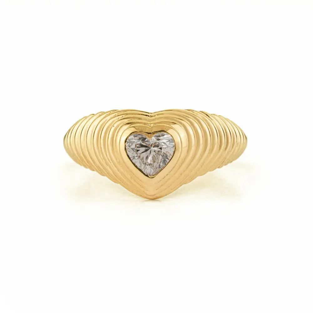 Best Selling Products Heart Shape Diamond Croissant Pinky Ring Real 14K Yellow Gold Jewelry