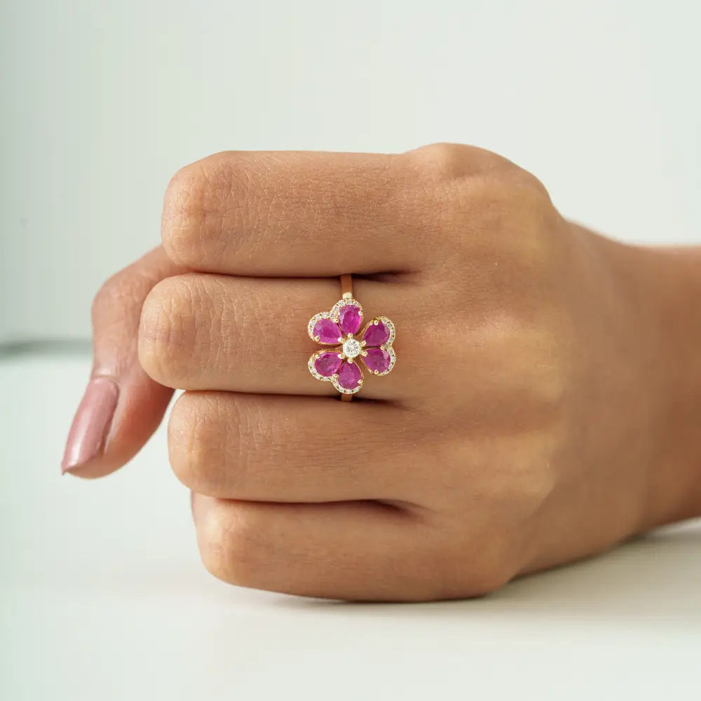 Luxury Ruby & Diamond Flower Shape Cocktail Ring For Wedding Solid 14K Yellow Gold Jewelry