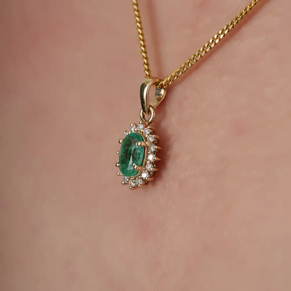 Handmade 14K Yellow Gold Emerald & Diamond Cluster Pendant Small Daily Wear Jewelry