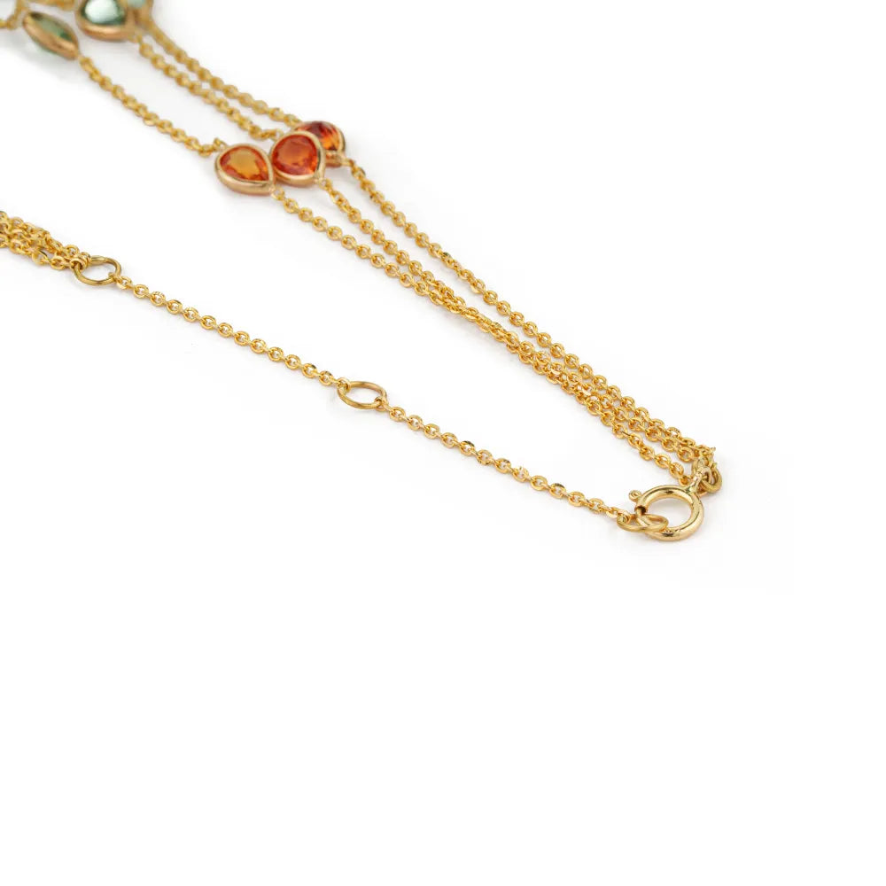 Colorful Gemstone Multi Sapphire Solid K18 Yellow Gold Triple Layer Station Chain Necklace Wedding Jewelry