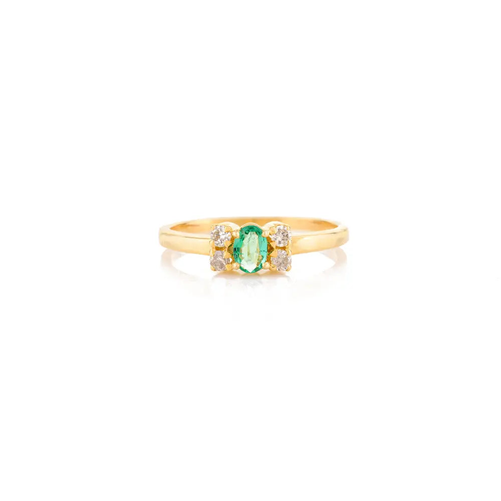 100% Natural Emerald & Diamond 14K Solid Yellow Gold Minimalist Ring