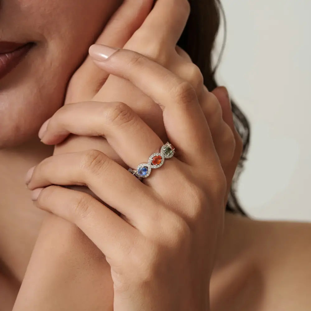 Trendy Design Multi Sapphire & Diamond K14 Real White Gold Halo Half Eternity Band Ring