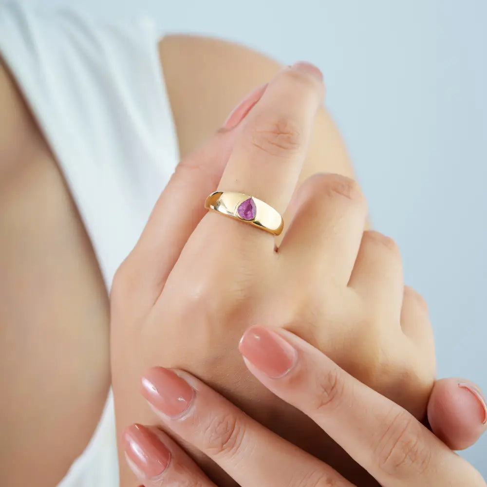 Pear Shape Pink Sapphire Real K14 Yellow Gold Chunky Dome Ring Bulk Jewelry Supplier