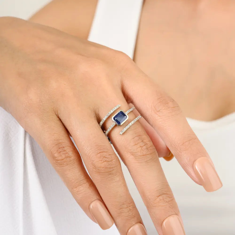 Designer Natural Blue Sapphire & Diamond Wrap Spiral Ring For Wedding Statement Jewelry