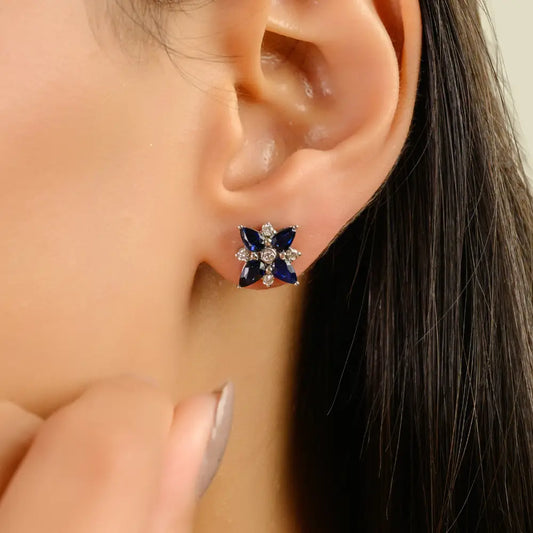 Unique Design 14K White Gold Blue Sapphire & Diamond Flower Stud Earrings For Women