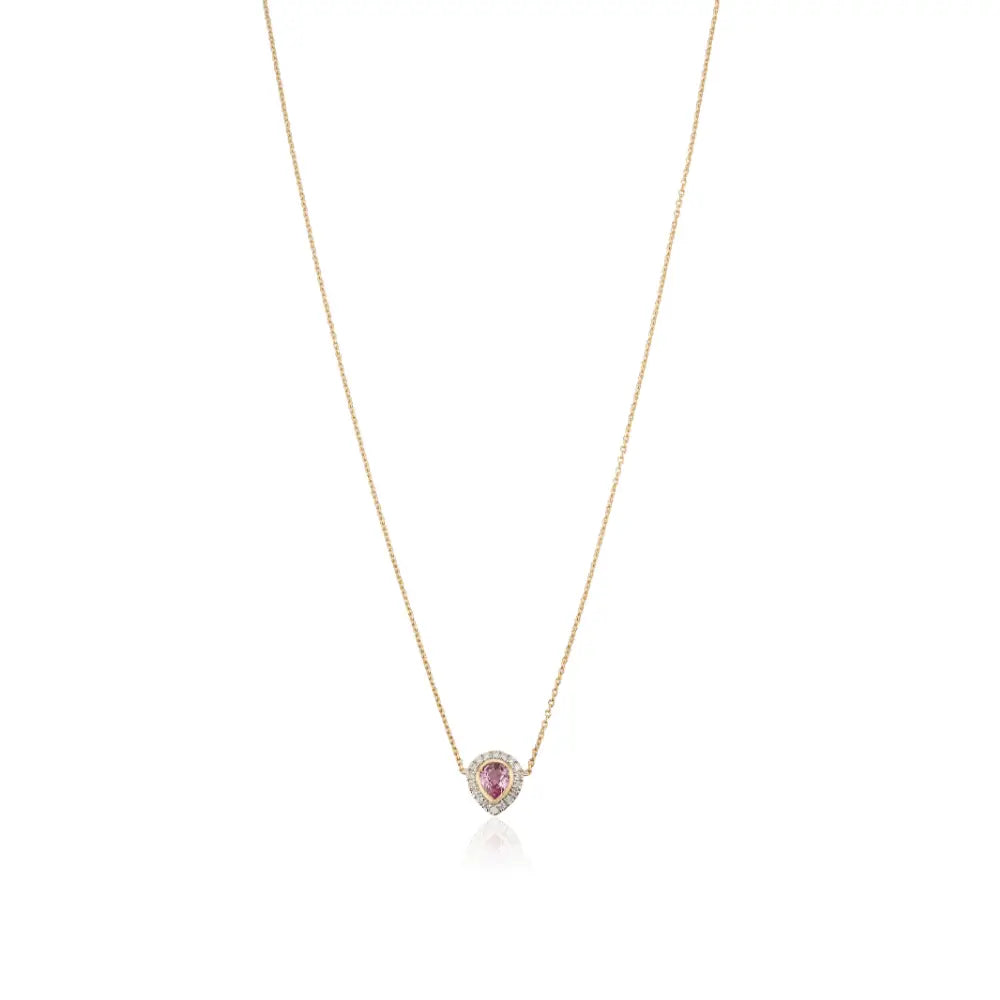 Bezel Set Pink Sapphire & Diamond K18 Real Yellow Gold Solitaire Halo Pendant Necklace
