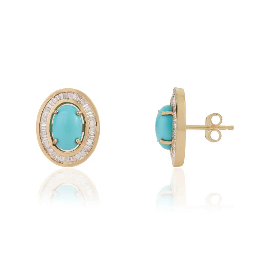 Best Seller 14K Real Yellow Gold Turquoise & Diamond Halo Stud Earrings Fine Bulk Jewelry
