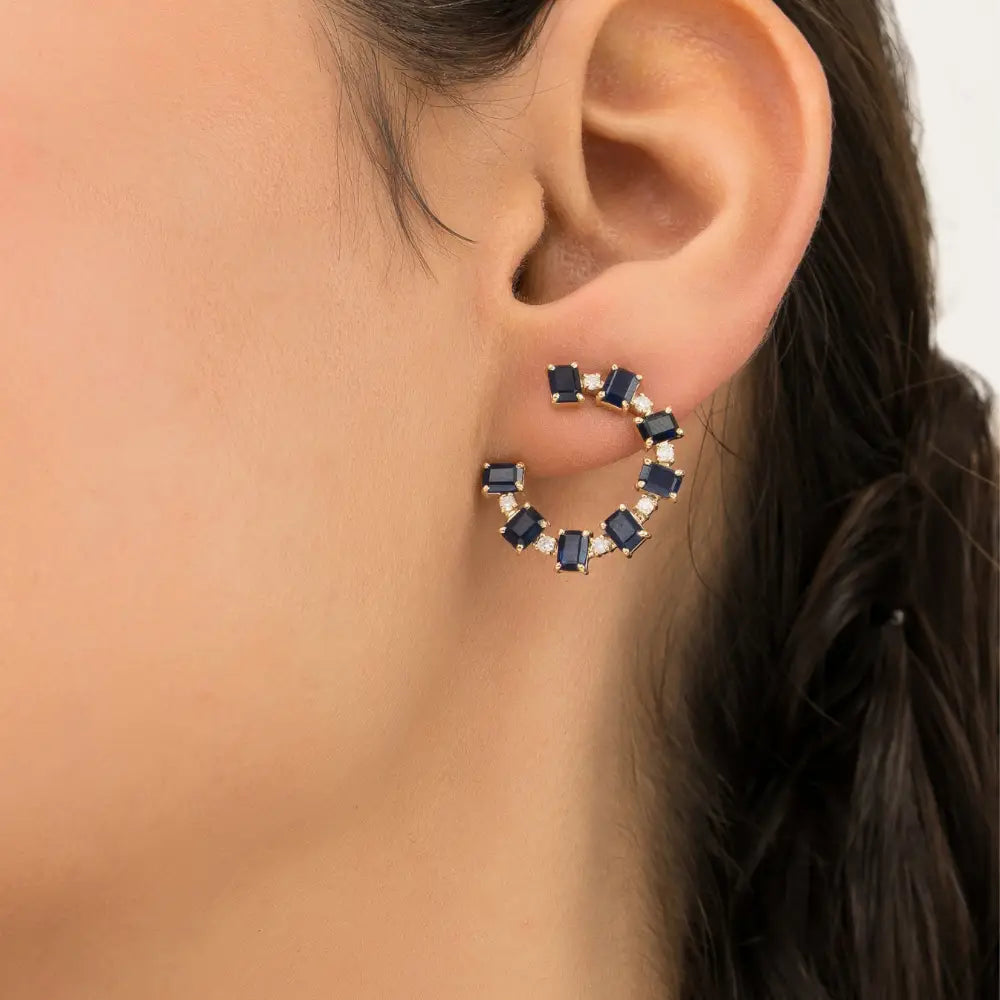 100% Natural Blue Sapphire & Diamond 14K Pure Yellow Gold Open Hoop Push Back Earrings