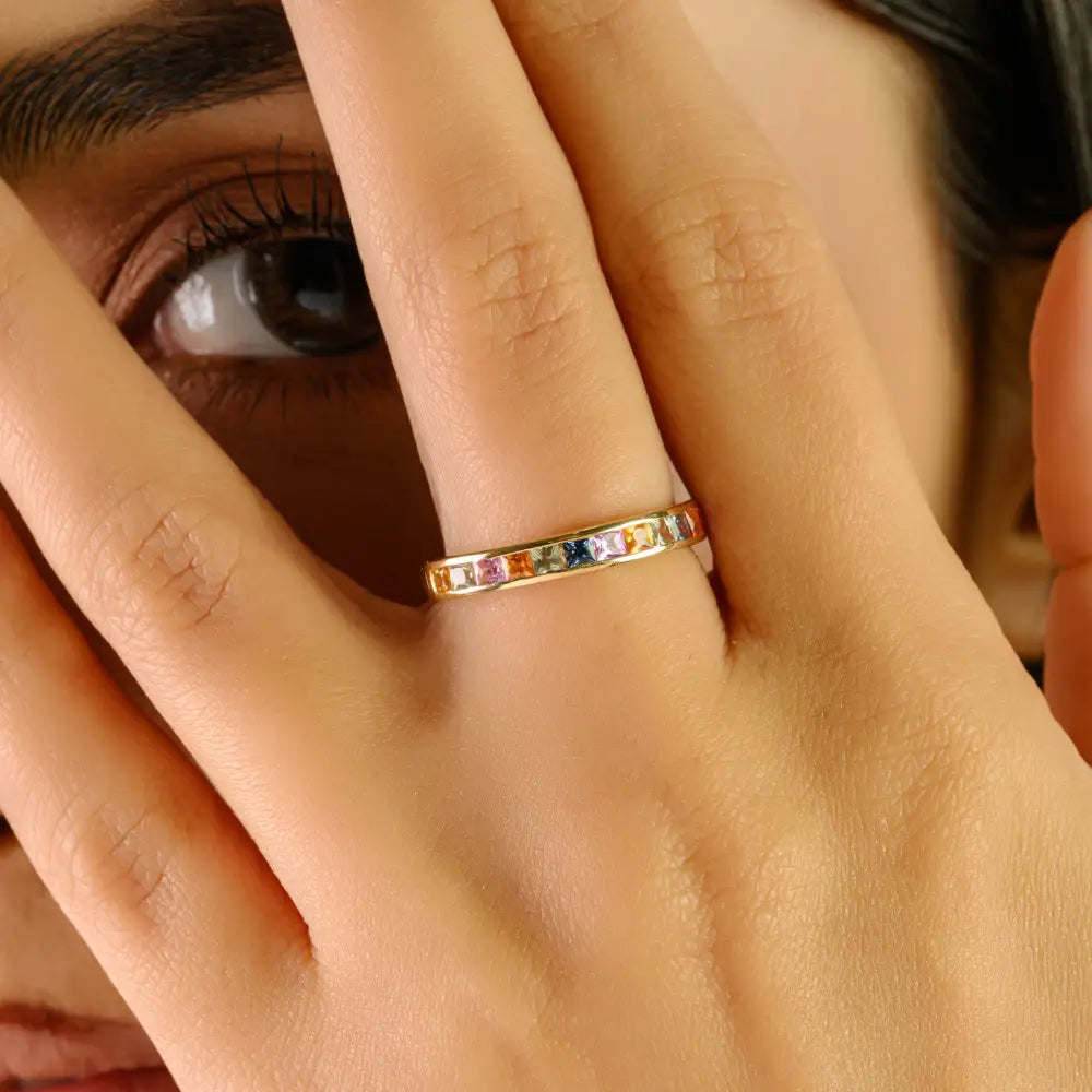 14K Solid Yellow Gold Rainbow Multi Sapphire New Arrivals Half Eternity Band Ring Simple Jewelry