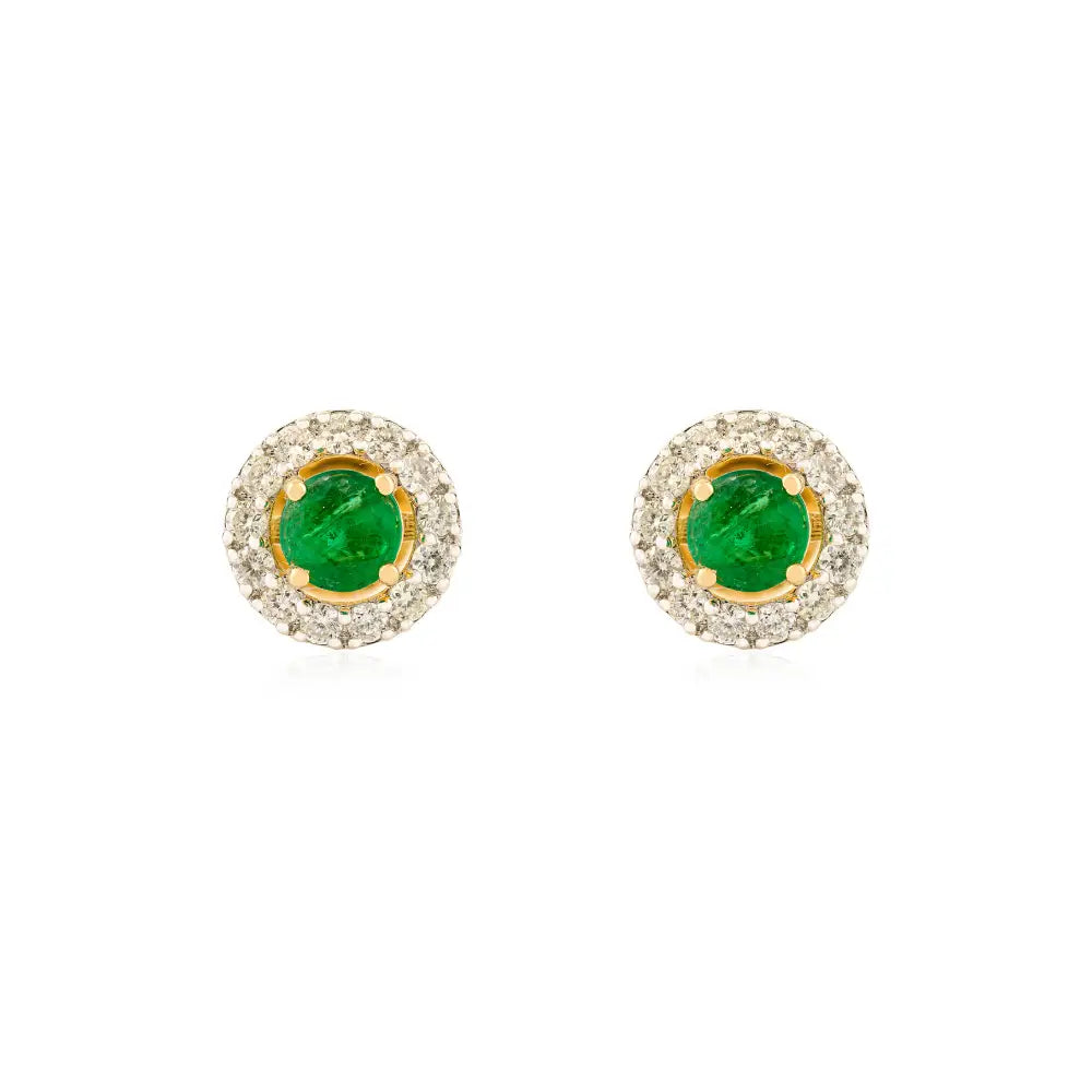 High Quality Emerald & Diamond 18K Yellow Gold Round Shape Halo Stud Earrings Fine Jewelry