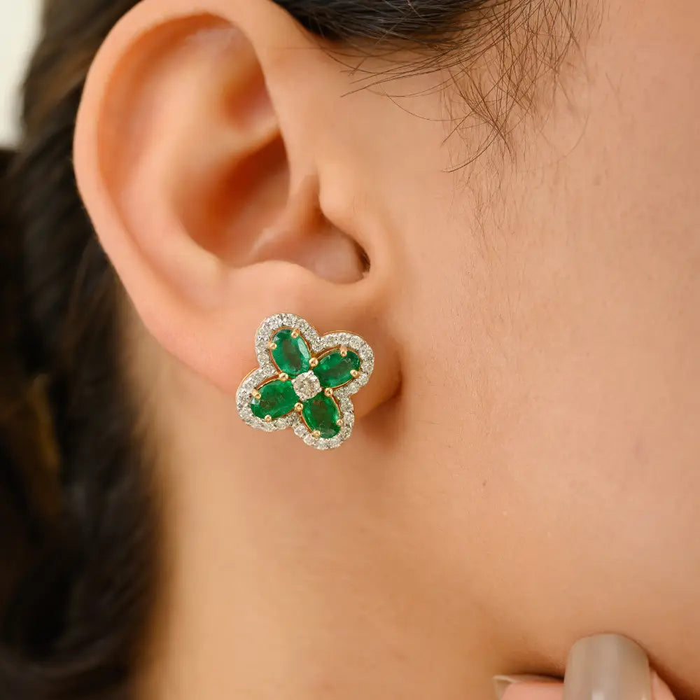Emerald & Diamond Clover Shape Big Stud Earrings May Birthstone K18 Real Yellow Gold Jewelry